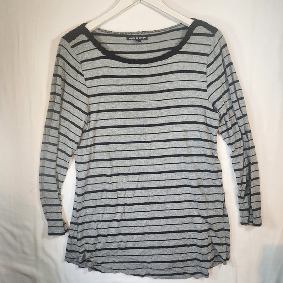Cable & Gauge Tops - Cable & Gauge Womens Grey Black Striped Braided Neck Long Sleeve Top Large